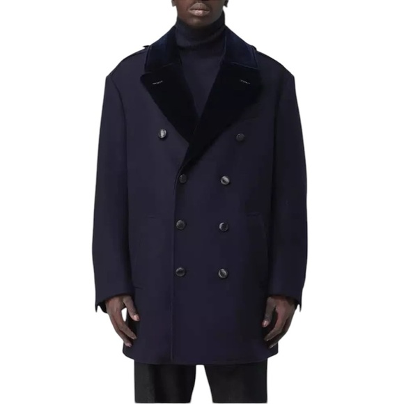 Tom Ford Mens Wool Felt Officer Pea Coat Jacket Navy IT 52 US 42 L Velour Collar - Picture 1 of 16
